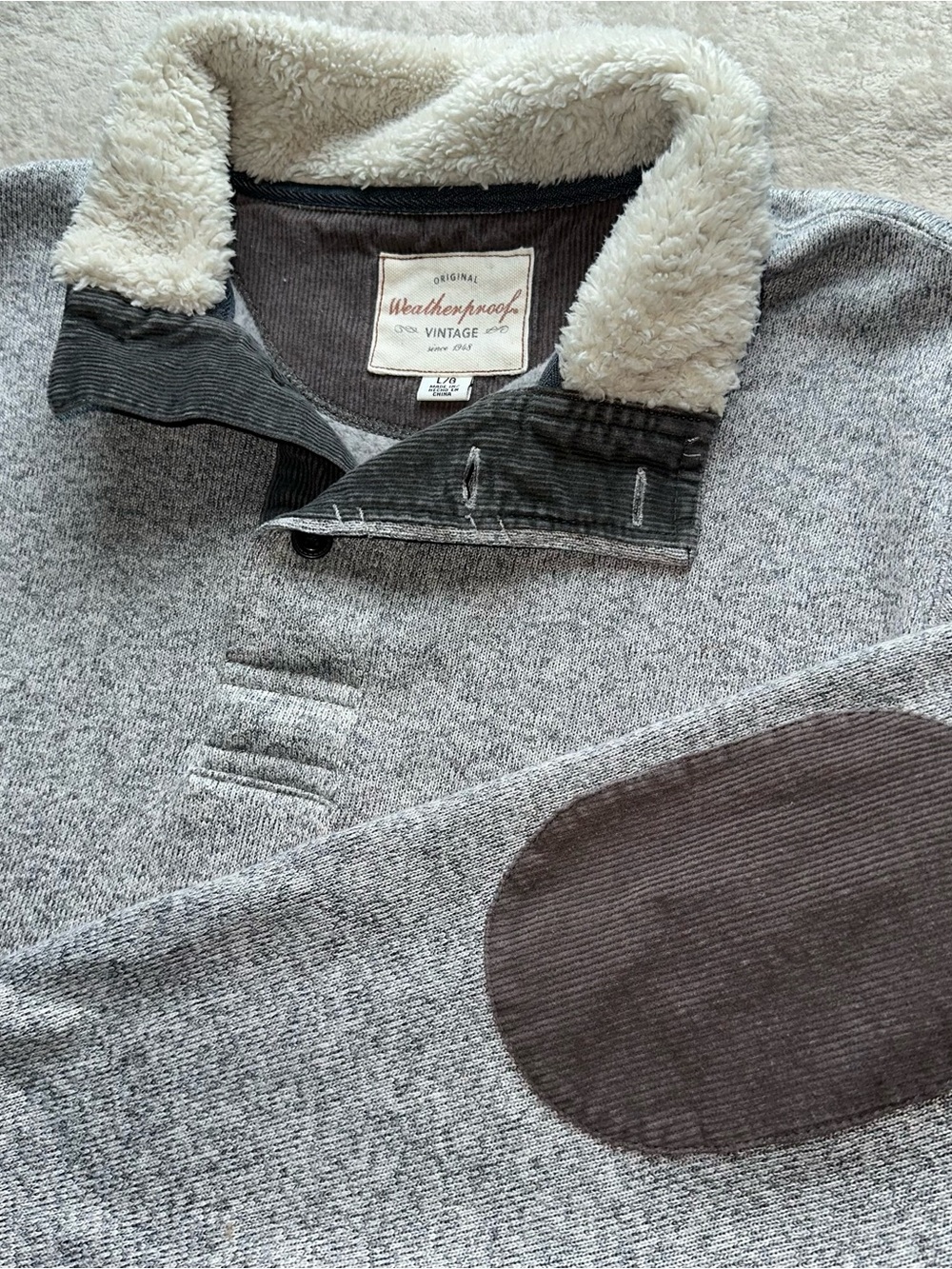 Weatherproof Vintage Men Large Faux Sherpa Pullover Fleece Sweater Elbow Patch